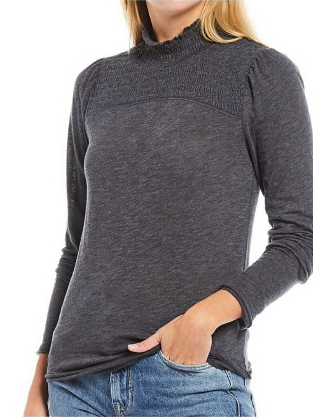 Free People Smocked Jersey Top High Neck Long Sleeve Charcoal Grey large